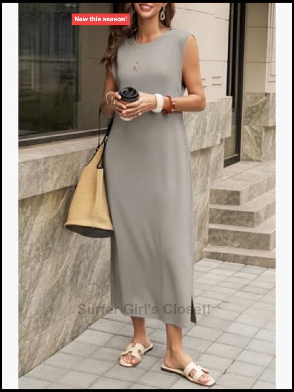 Crewneck Sleeveless Maxi Dress with Pockets Side Slit Summer - Picture 4 of 7